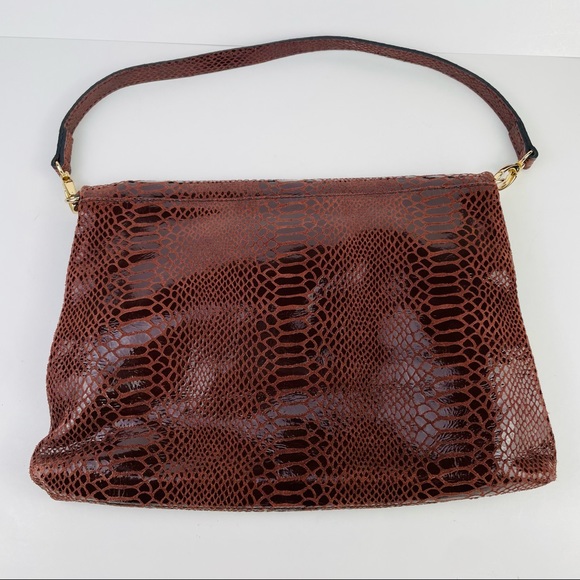 Authentic Tory Burch Maroon Snake Skin Fold Over Shoulder Bag Clutch Purse - Picture 2 of 12